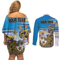 Personalised Cook Islands Va'a Race Couples Matching Off Shoulder Short Dress and Long Sleeve Button Shirt Te Tatau Tattoos Sporty Style Glory Blue Color - Polynesian Pride
