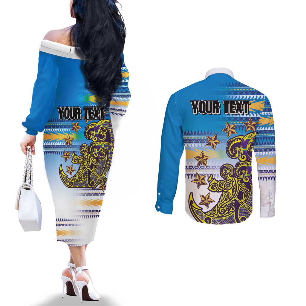 Personalised Cook Islands Va'a Race Couples Matching Off The Shoulder Long Sleeve Dress and Long Sleeve Button Shirt Te Tatau Tattoos Sporty Style Glory Blue Color - Polynesian Pride