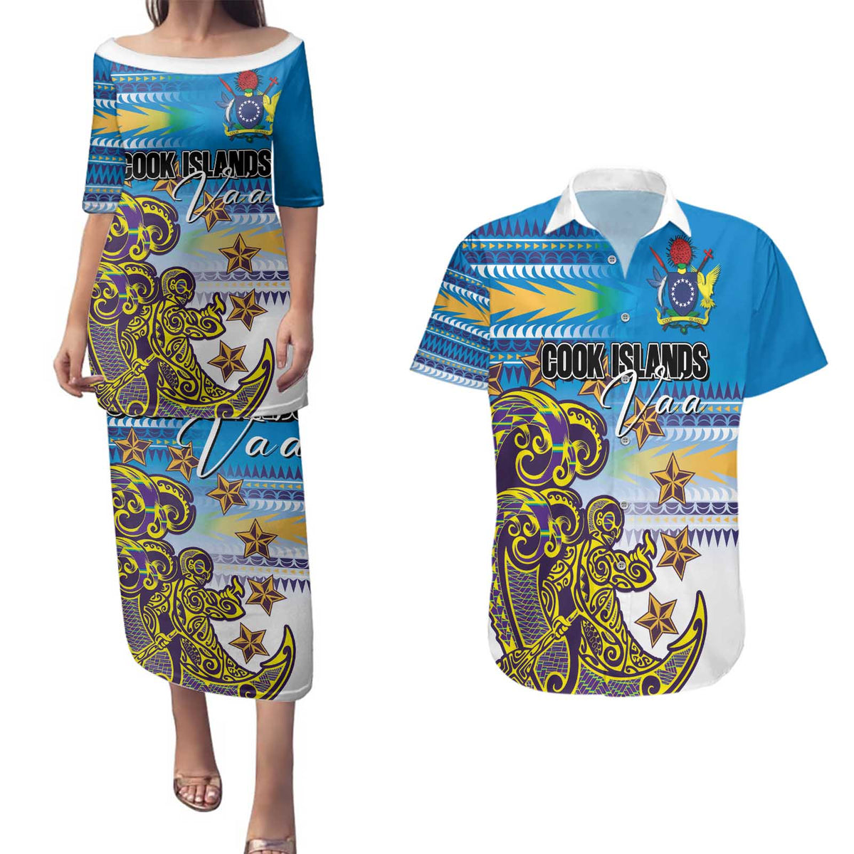 Personalised Cook Islands Va'a Race Couples Matching Puletasi and Hawaiian Shirt Te Tatau Tattoos Sporty Style Glory Blue Color - Polynesian Pride
