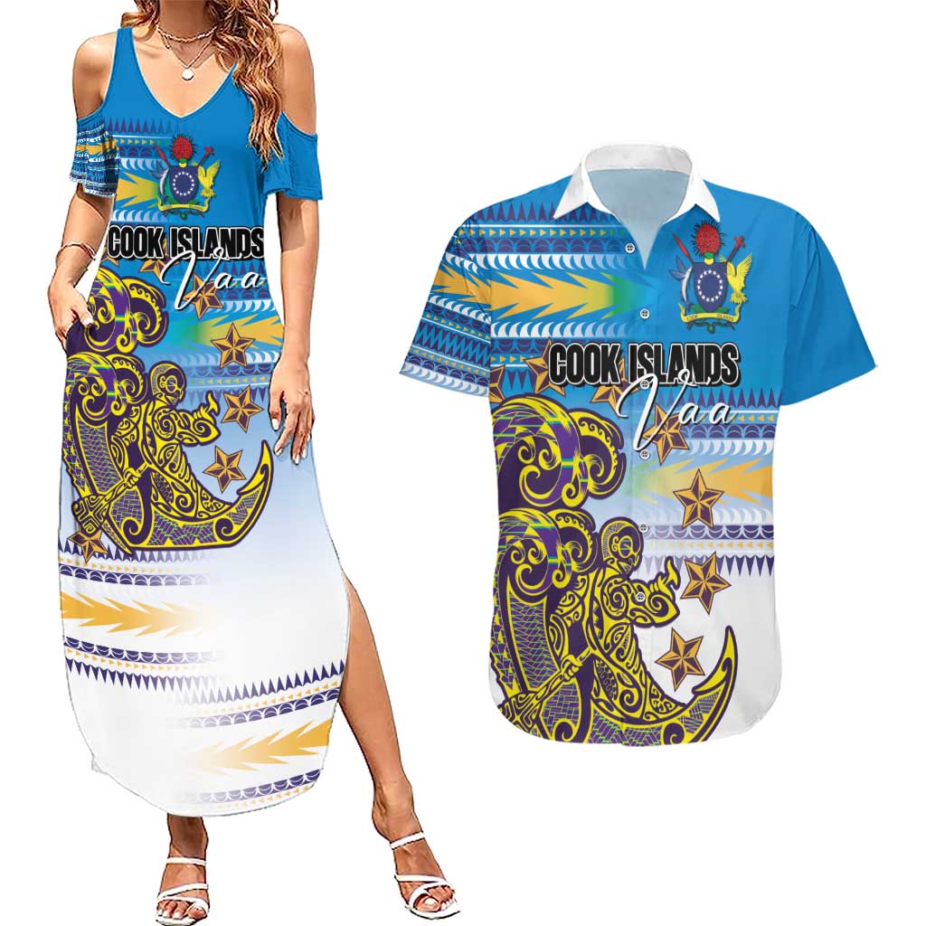 Personalised Cook Islands Va'a Race Couples Matching Summer Maxi Dress and Hawaiian Shirt Te Tatau Tattoos Sporty Style Glory Blue Color - Polynesian Pride