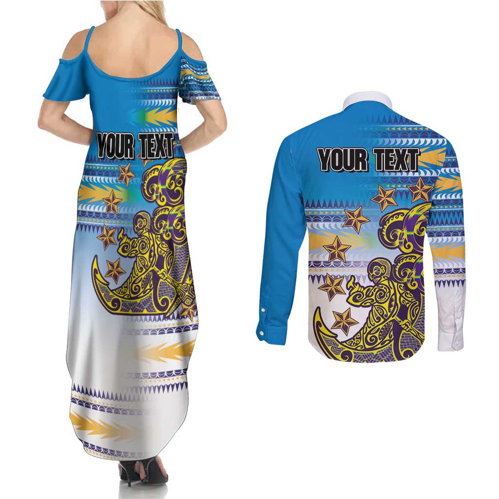 Personalised Cook Islands Va'a Race Couples Matching Summer Maxi Dress and Long Sleeve Button Shirt Te Tatau Tattoos Sporty Style Glory Blue Color - Polynesian Pride