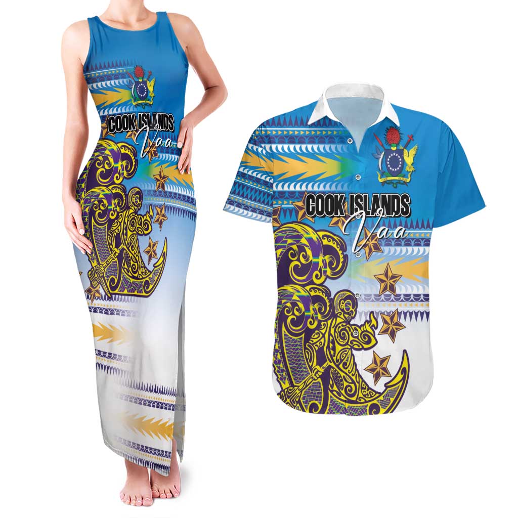 Personalised Cook Islands Va'a Race Couples Matching Tank Maxi Dress and Hawaiian Shirt Te Tatau Tattoos Sporty Style Glory Blue Color - Polynesian Pride