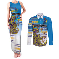 Personalised Cook Islands Va'a Race Couples Matching Tank Maxi Dress and Long Sleeve Button Shirt Te Tatau Tattoos Sporty Style Glory Blue Color - Polynesian Pride