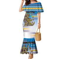 Personalised Cook Islands Va'a Race Family Matching Mermaid Dress and Hawaiian Shirt Te Tatau Tattoos Sporty Style Glory Blue Color - Polynesian Pride