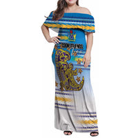 Personalised Cook Islands Va'a Race Family Matching Off Shoulder Maxi Dress and Hawaiian Shirt Te Tatau Tattoos Sporty Style Glory Blue Color - Polynesian Pride