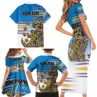 Personalised Cook Islands Va'a Race Family Matching Short Sleeve Bodycon Dress and Hawaiian Shirt Te Tatau Tattoos Sporty Style Glory Blue Color - Polynesian Pride