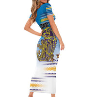 Personalised Cook Islands Va'a Race Family Matching Short Sleeve Bodycon Dress and Hawaiian Shirt Te Tatau Tattoos Sporty Style Glory Blue Color - Polynesian Pride