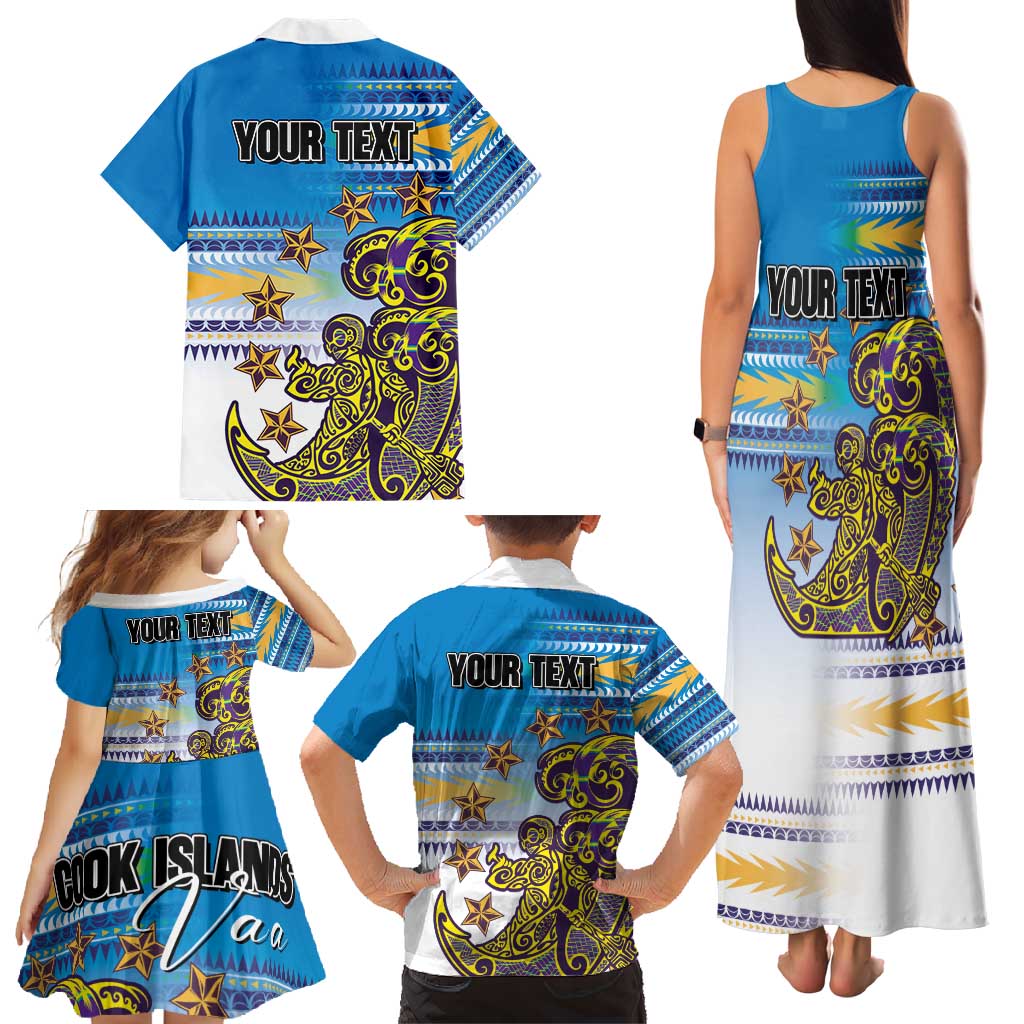 Personalised Cook Islands Va'a Race Family Matching Tank Maxi Dress and Hawaiian Shirt Te Tatau Tattoos Sporty Style Glory Blue Color - Polynesian Pride