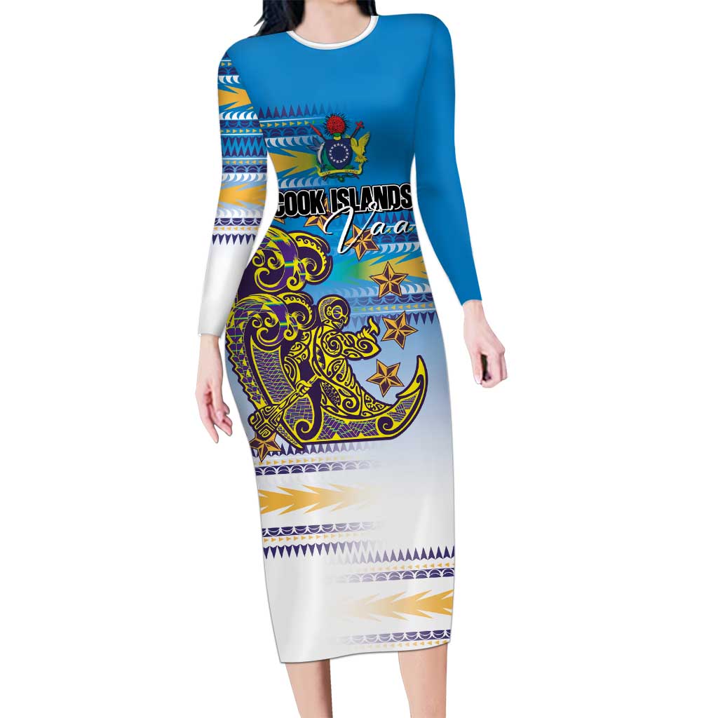 Personalised Cook Islands Va'a Race Long Sleeve Bodycon Dress Te Tatau Tattoos Sporty Style Glory Blue Color - Polynesian Pride