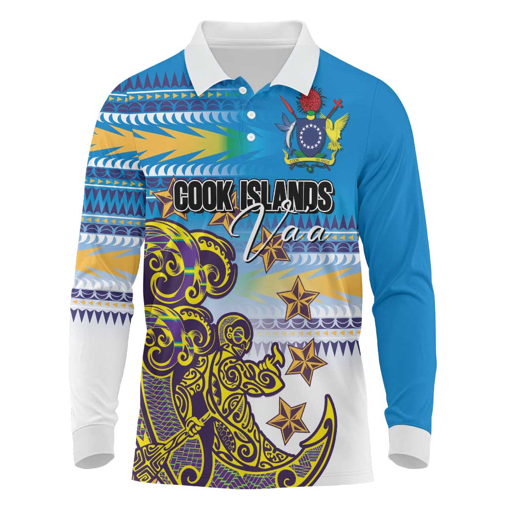 Personalised Cook Islands Va'a Race Long Sleeve Polo Shirt Te Tatau Tattoos Sporty Style Glory Blue Color - Polynesian Pride
