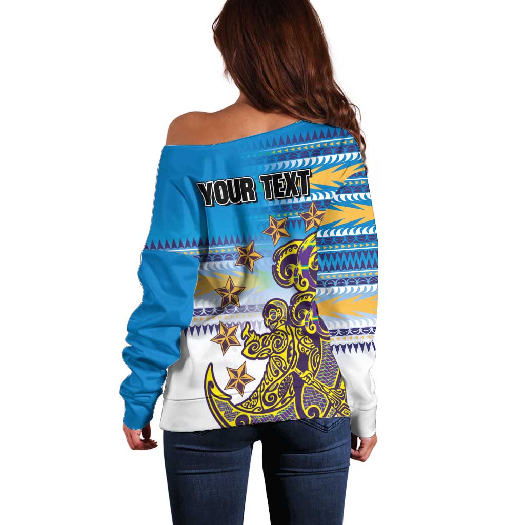 Personalised Cook Islands Va'a Race Off Shoulder Sweater Te Tatau Tattoos Sporty Style Glory Blue Color - Polynesian Pride
