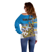 Personalised Cook Islands Va'a Race Off Shoulder Sweater Te Tatau Tattoos Sporty Style Glory Blue Color - Polynesian Pride