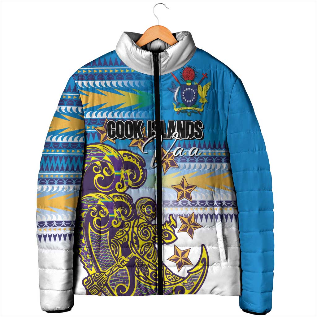 Personalised Cook Islands Va'a Race Padded Jacket Te Tatau Tattoos Sporty Style Glory Blue Color - Polynesian Pride