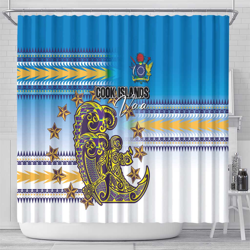 Cook Islands Va'a Race Shower Curtain Te Tatau Tattoos Sporty Style Glory Blue Color - Polynesian Pride