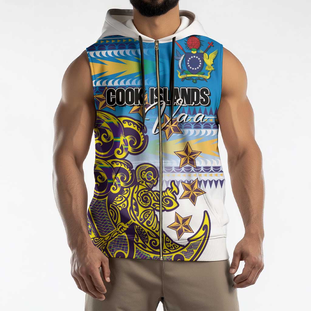 Personalised Cook Islands Va'a Race Sleeveless Zip Hoodie Te Tatau Tattoos Sporty Style Glory Blue Color - Polynesian Pride