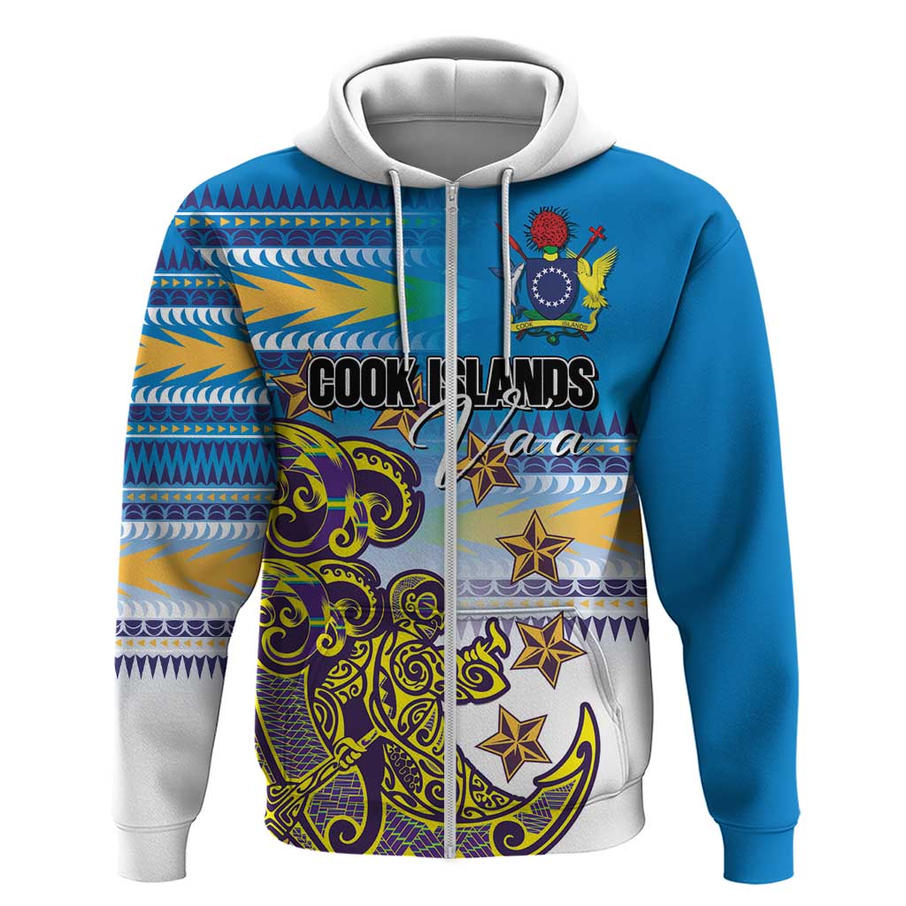 Personalised Cook Islands Va'a Race Zip Hoodie Te Tatau Tattoos Sporty Style Glory Blue Color - Polynesian Pride