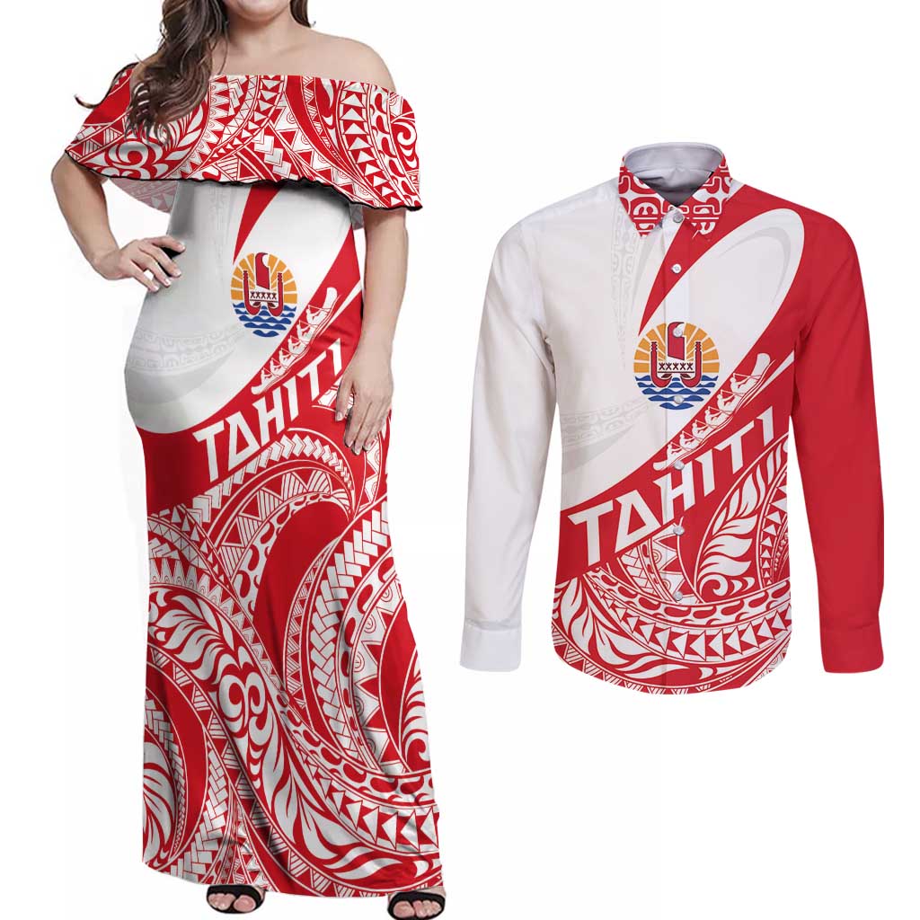 Personalised Tahiti Va'a Race Couples Matching Off Shoulder Maxi Dress and Long Sleeve Button Shirt Polynesian Tattoos Sporty Style - Polynesian Pride