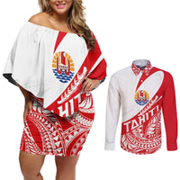Personalised Tahiti Va'a Race Couples Matching Off Shoulder Short Dress and Long Sleeve Button Shirt Polynesian Tattoos Sporty Style - Polynesian Pride