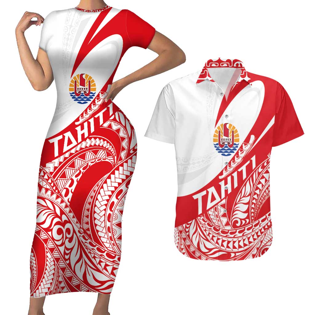Personalised Tahiti Va'a Race Couples Matching Short Sleeve Bodycon Dress and Hawaiian Shirt Polynesian Tattoos Sporty Style - Polynesian Pride