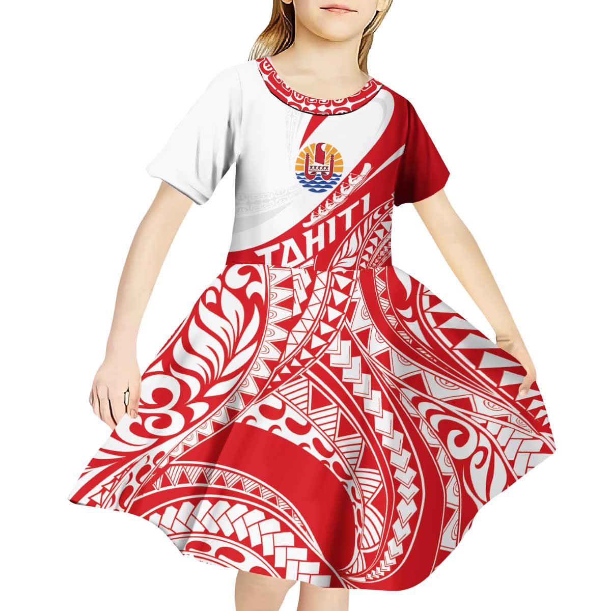 Personalised Tahiti Va'a Race Kid Short Sleeve Dress Polynesian Tattoos Sporty Style - Polynesian Pride