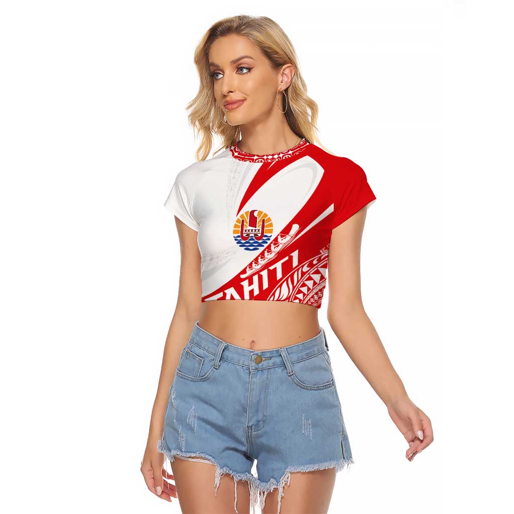 Personalised Tahiti Va'a Race Raglan Cropped T Shirt Polynesian Tattoos Sporty Style LT03 Female Red - Polynesian Pride