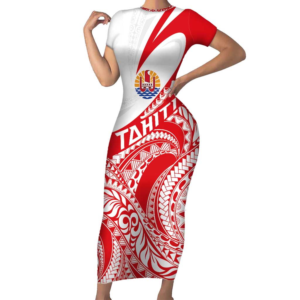 Personalised Tahiti Va'a Race Short Sleeve Bodycon Dress Polynesian Tattoos Sporty Style - Polynesian Pride