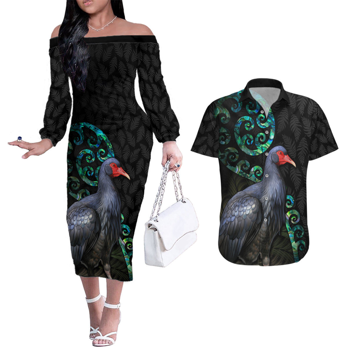 Custom Pukeko New Zealand Couples Matching Off The Shoulder Long Sleeve Dress and Hawaiian Shirt Koru Papua Shell with Silver Fern Pattern LT03 Black - Polynesian Pride