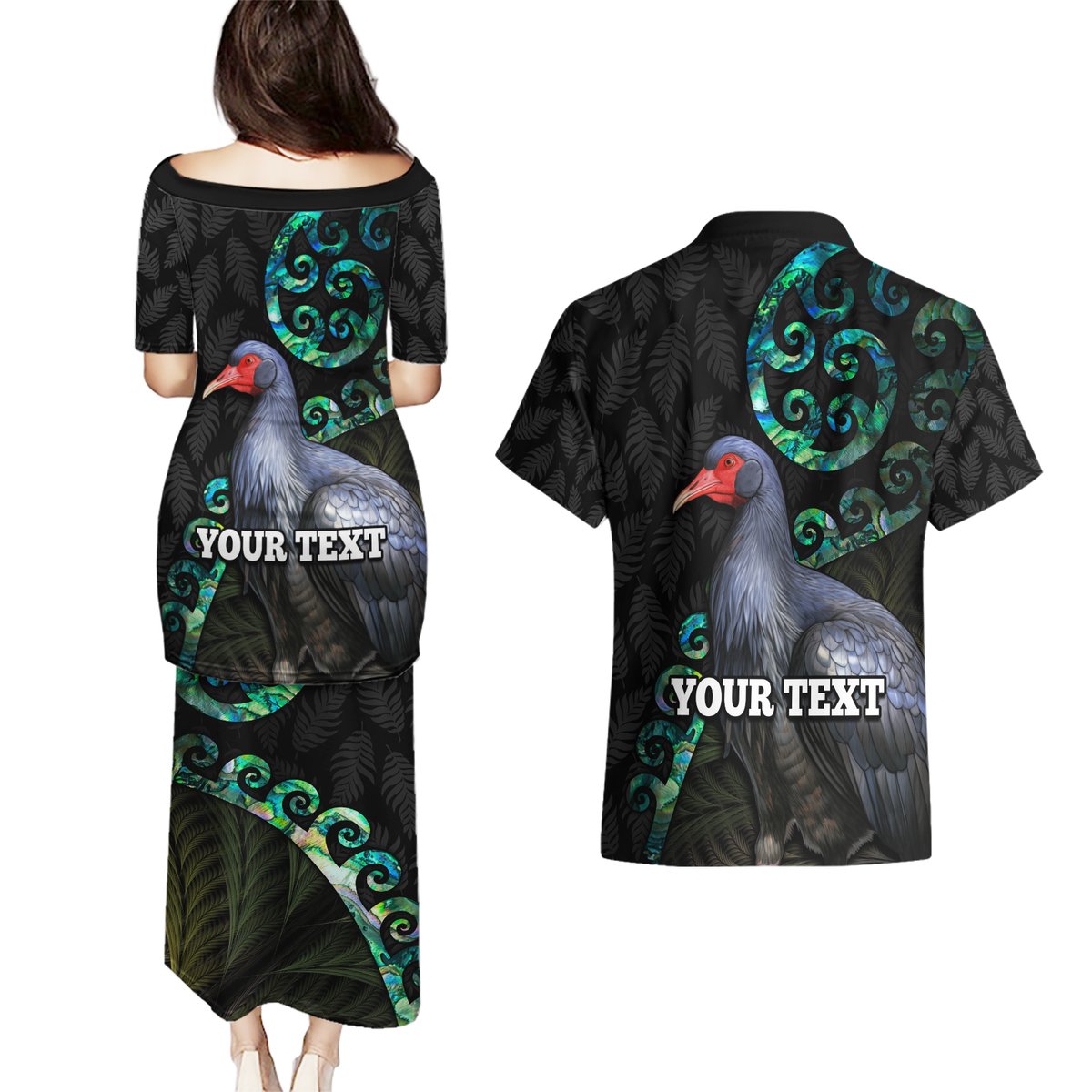 Custom Pukeko New Zealand Couples Matching Puletasi Dress and Hawaiian Shirt Koru Papua Shell with Silver Fern Pattern LT03 - Polynesian Pride