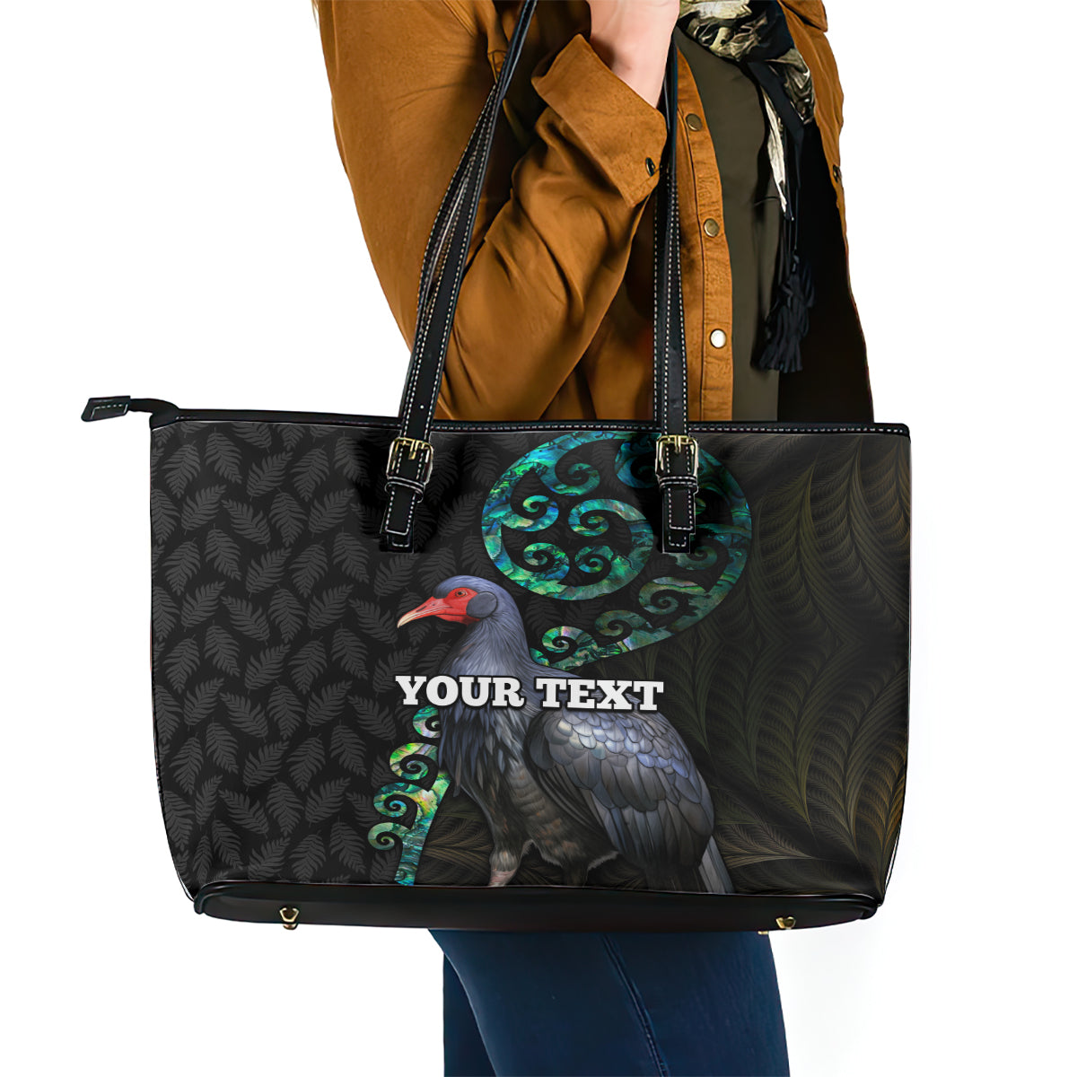 Custom Pukeko New Zealand Leather Tote Bag Koru Papua Shell with Silver Fern Pattern LT03 - Polynesian Pride
