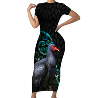 Custom Pukeko New Zealand Short Sleeve Bodycon Dress Koru Papua Shell with Silver Fern Pattern LT03 Long Dress Black - Polynesian Pride