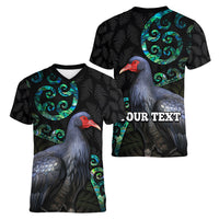 Custom Pukeko New Zealand Women V Neck T Shirt Koru Papua Shell with Silver Fern Pattern LT03 - Polynesian Pride