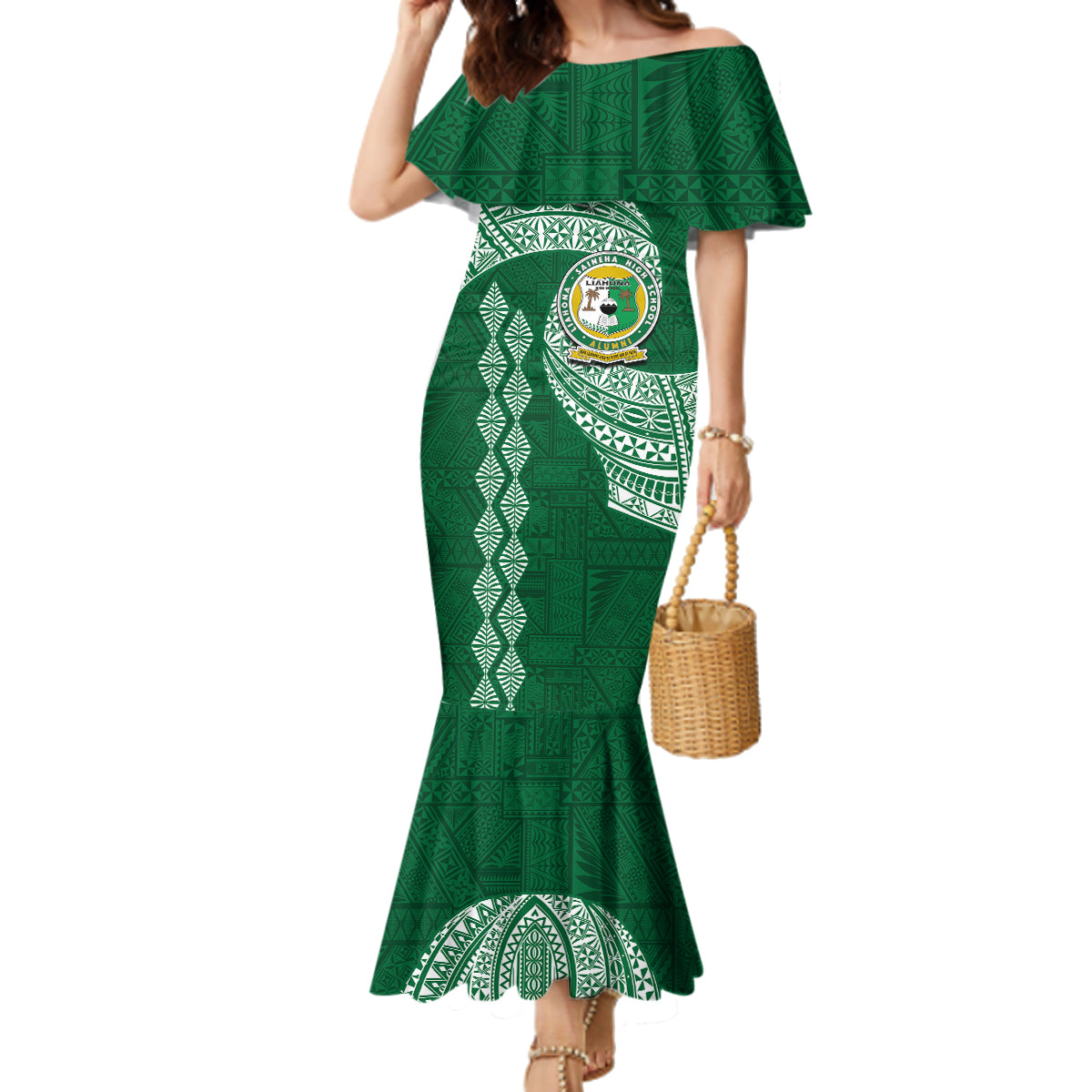 Tonga Lahaina High School Family Matching Mermaid Dress and Hawaiian Shirt Traditional Ngatu and Polynesian Pattern LT03 Mom's Dress Green - Polynesian Pride