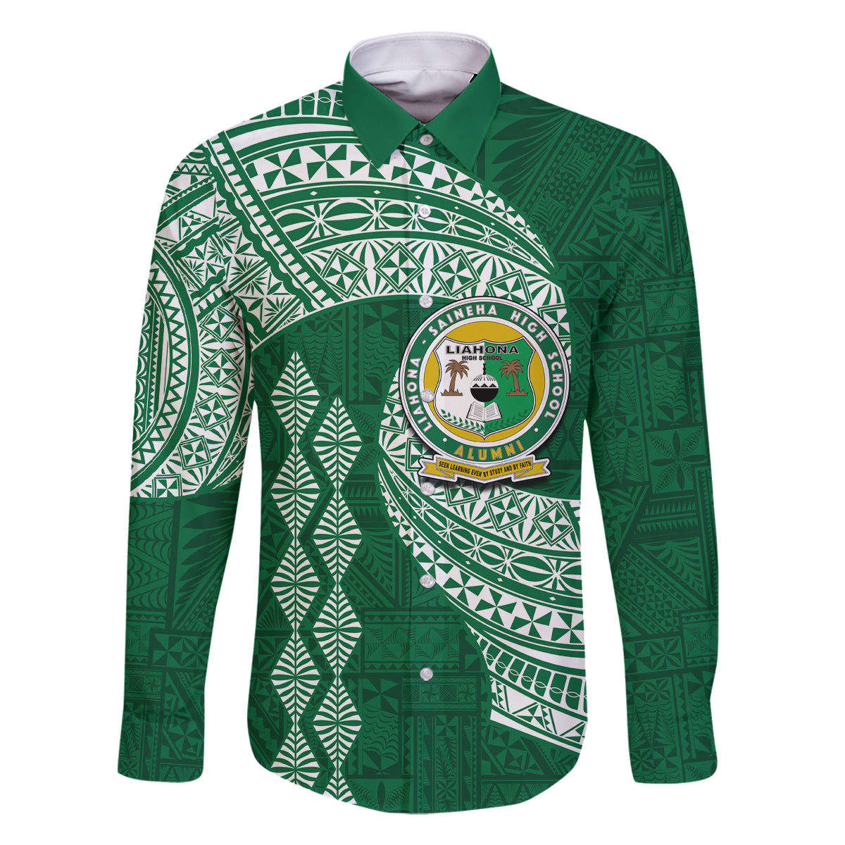 Tonga Lahaina High School Family Matching Off Shoulder Maxi Dress and Hawaiian Shirt Traditional Ngatu and Polynesian Pattern LT03 Dad's Shirt - Long Sleeve Green - Polynesian Pride