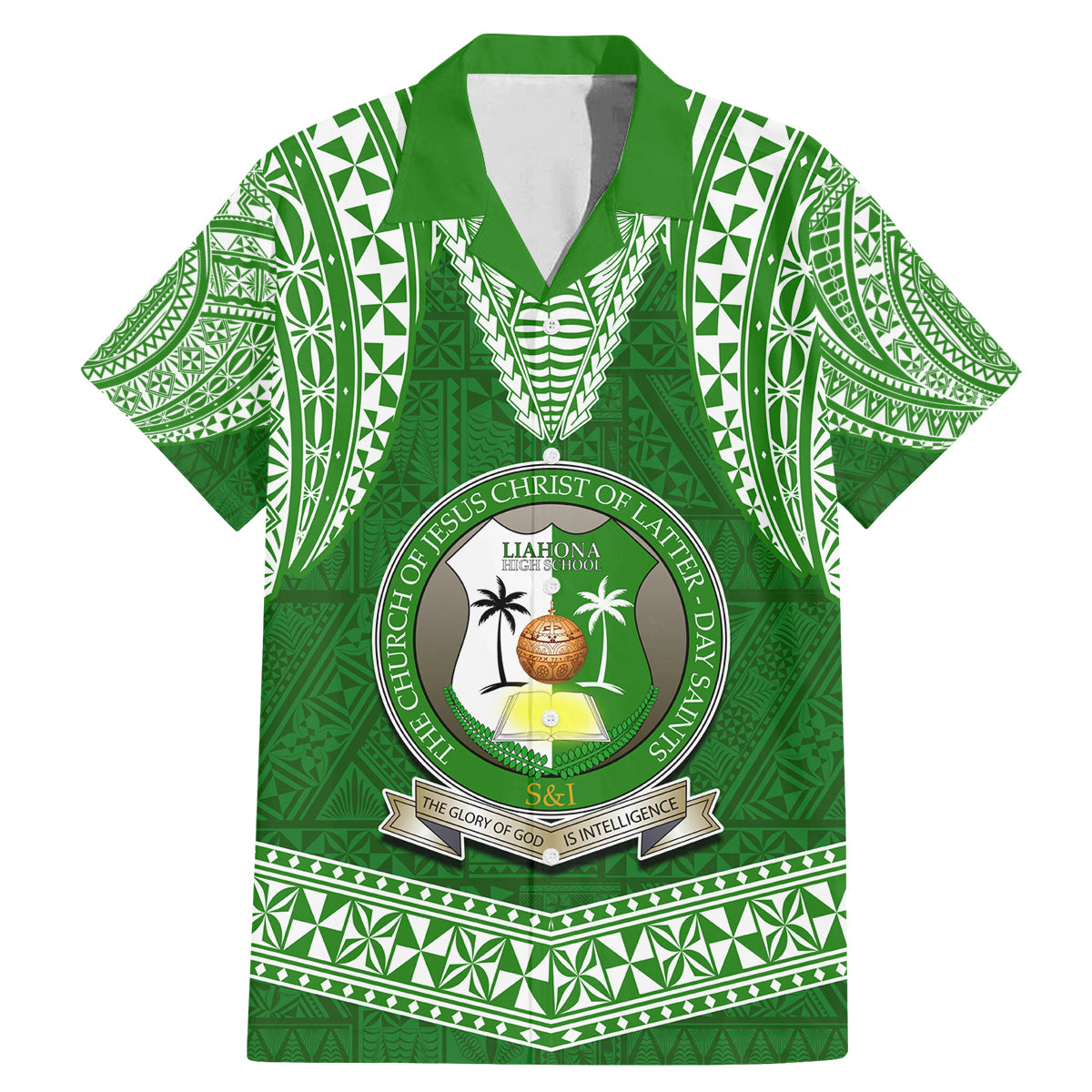 Tonga Liahona High School Family Matching Mermaid Dress and Hawaiian Shirt Traditional Ngatu and Polynesian Pattern LT03 Dad's Shirt - Short Sleeve Green - Polynesian Pride