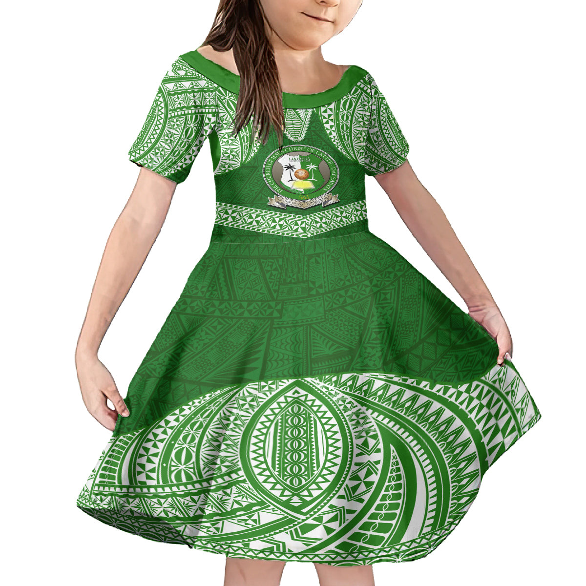 Tonga Liahona High School Family Matching Puletasi Dress and Hawaiian Shirt Traditional Ngatu and Polynesian Pattern LT03 Daughter's Dress Green - Polynesian Pride