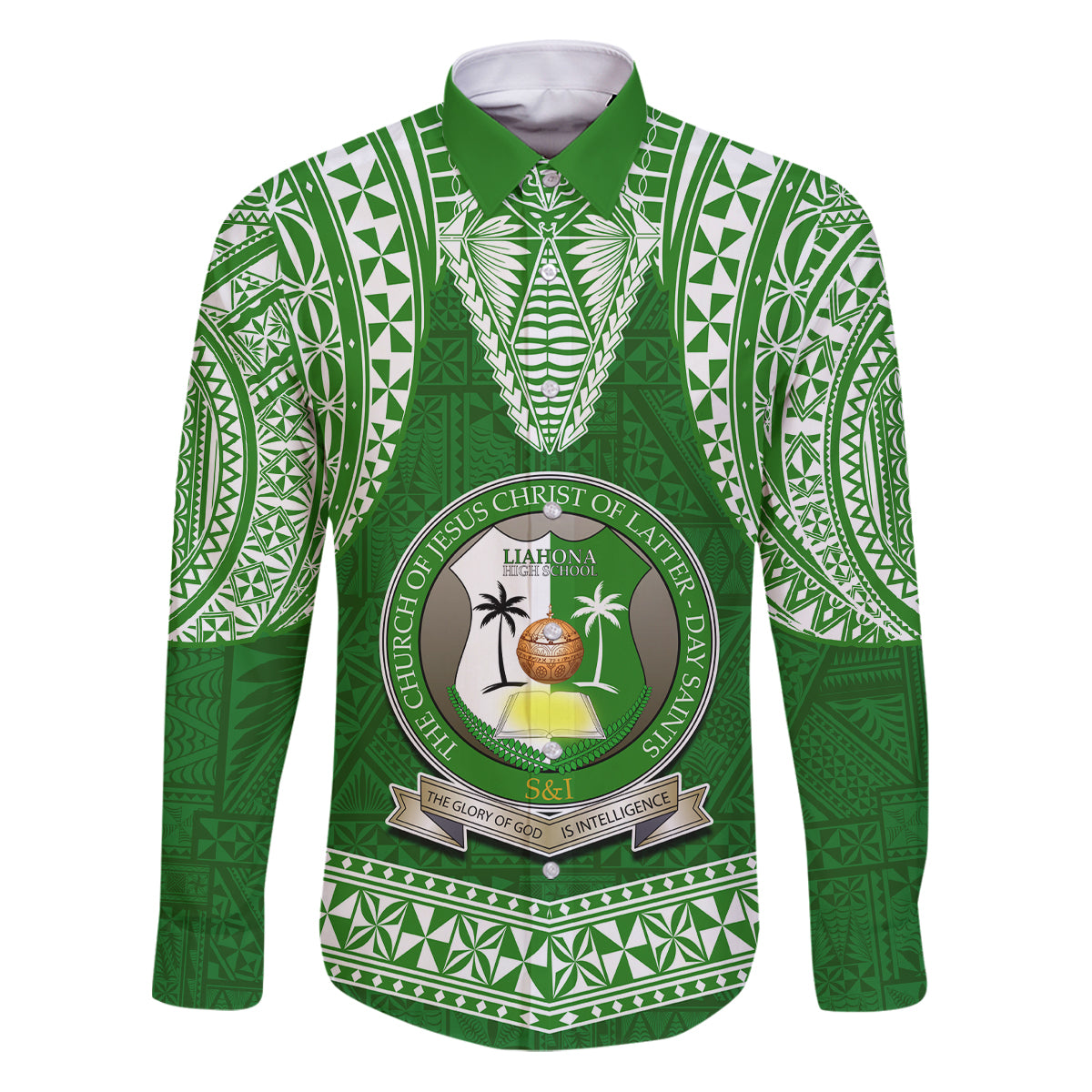 Tonga Liahona High School Family Matching Puletasi Dress and Hawaiian Shirt Traditional Ngatu and Polynesian Pattern LT03 Dad's Shirt - Long Sleeve Green - Polynesian Pride