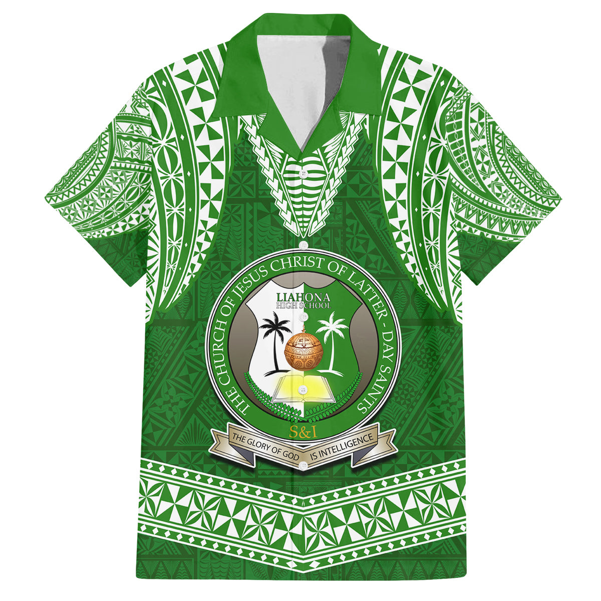 Tonga Liahona High School Family Matching Summer Maxi Dress and Hawaiian Shirt Traditional Ngatu and Polynesian Pattern LT03 Dad's Shirt - Short Sleeve Green - Polynesian Pride