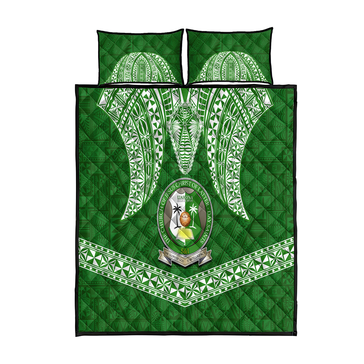 Tonga Liahona High School Quilt Bed Set Traditional Ngatu and Polynesian Pattern LT03 Green - Polynesian Pride