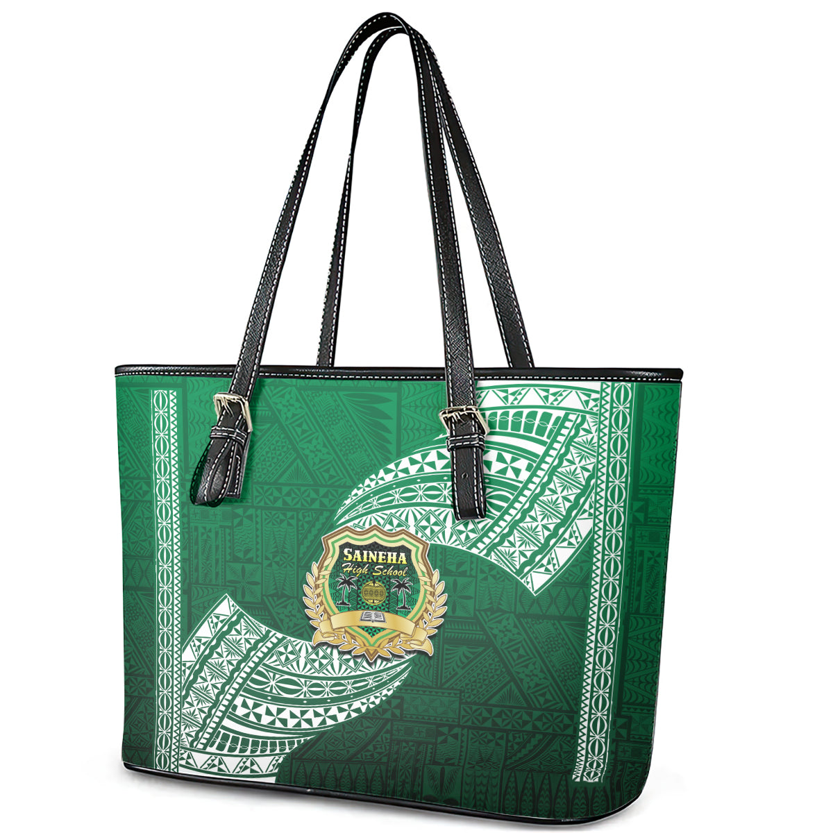 Tonga Saineha High School Leather Tote Bag Traditional Ngatu and Polynesian Pattern LT03 - Polynesian Pride