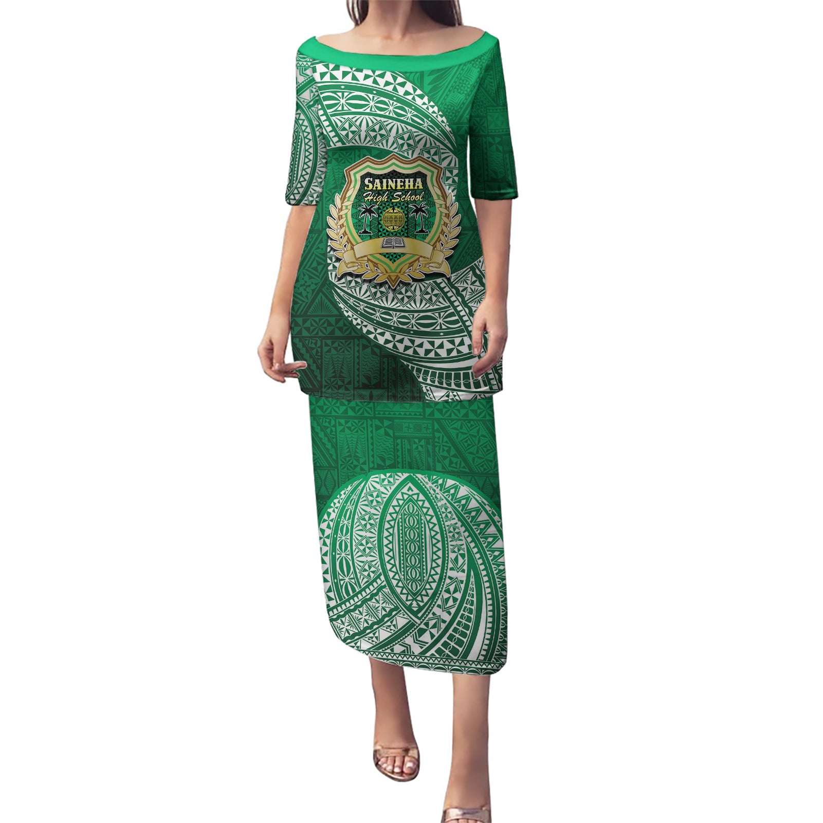 Tonga Saineha High School Puletasi Traditional Ngatu and Polynesian Pattern LT03 Long Dress Green - Polynesian Pride