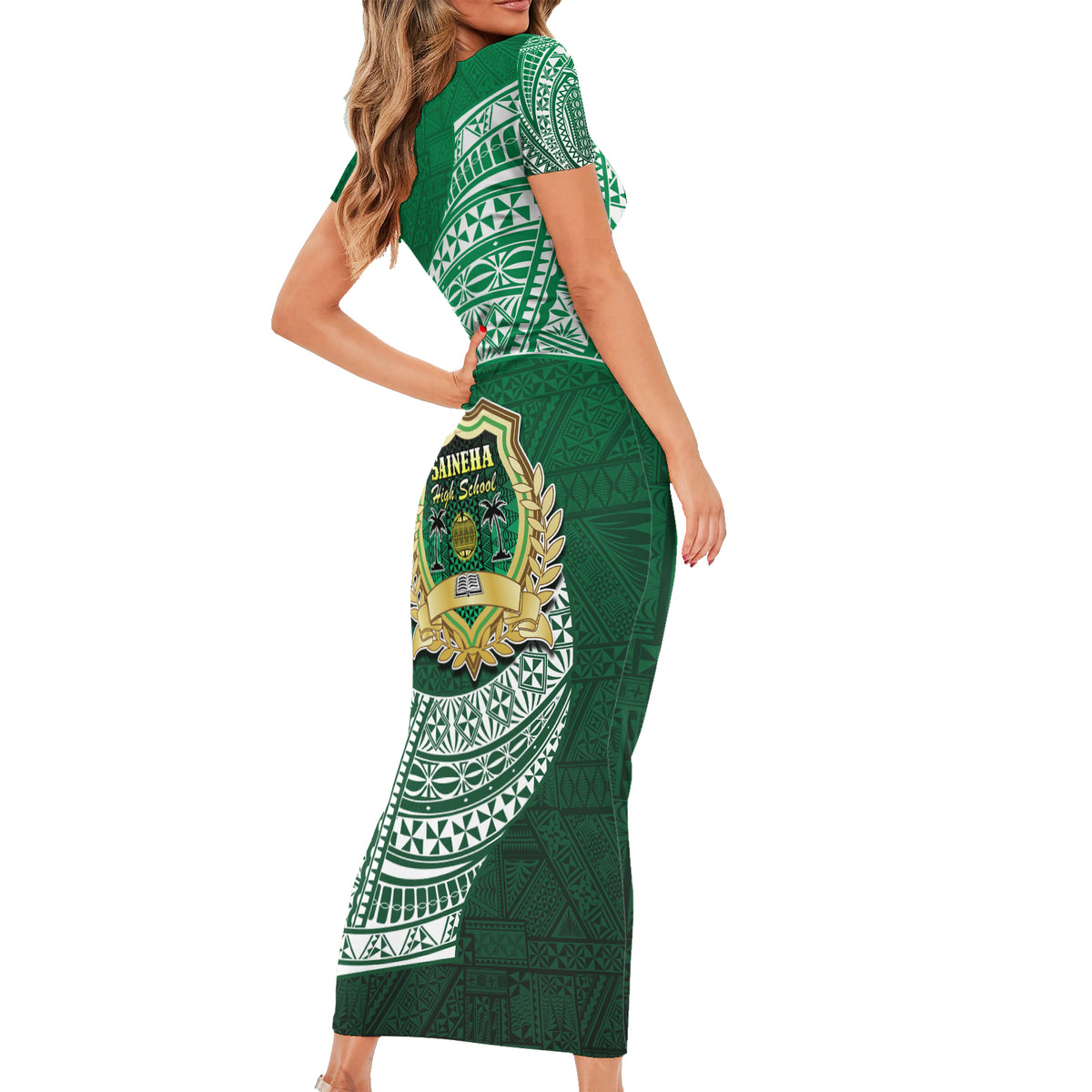 Tonga Saineha High School Short Sleeve Bodycon Dress Traditional Ngatu and Polynesian Pattern LT03 - Polynesian Pride