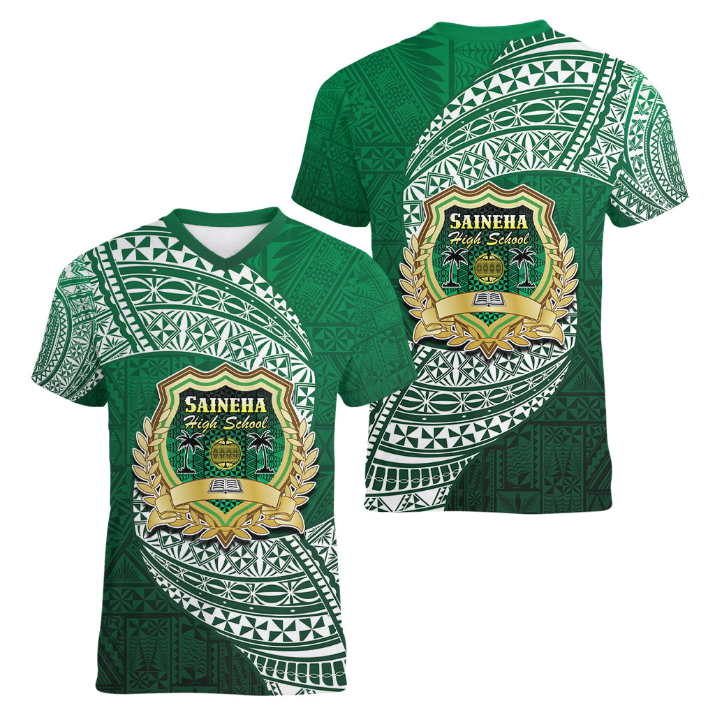 Tonga Saineha High School Women V Neck T Shirt Traditional Ngatu and Polynesian Pattern LT03 - Polynesian Pride