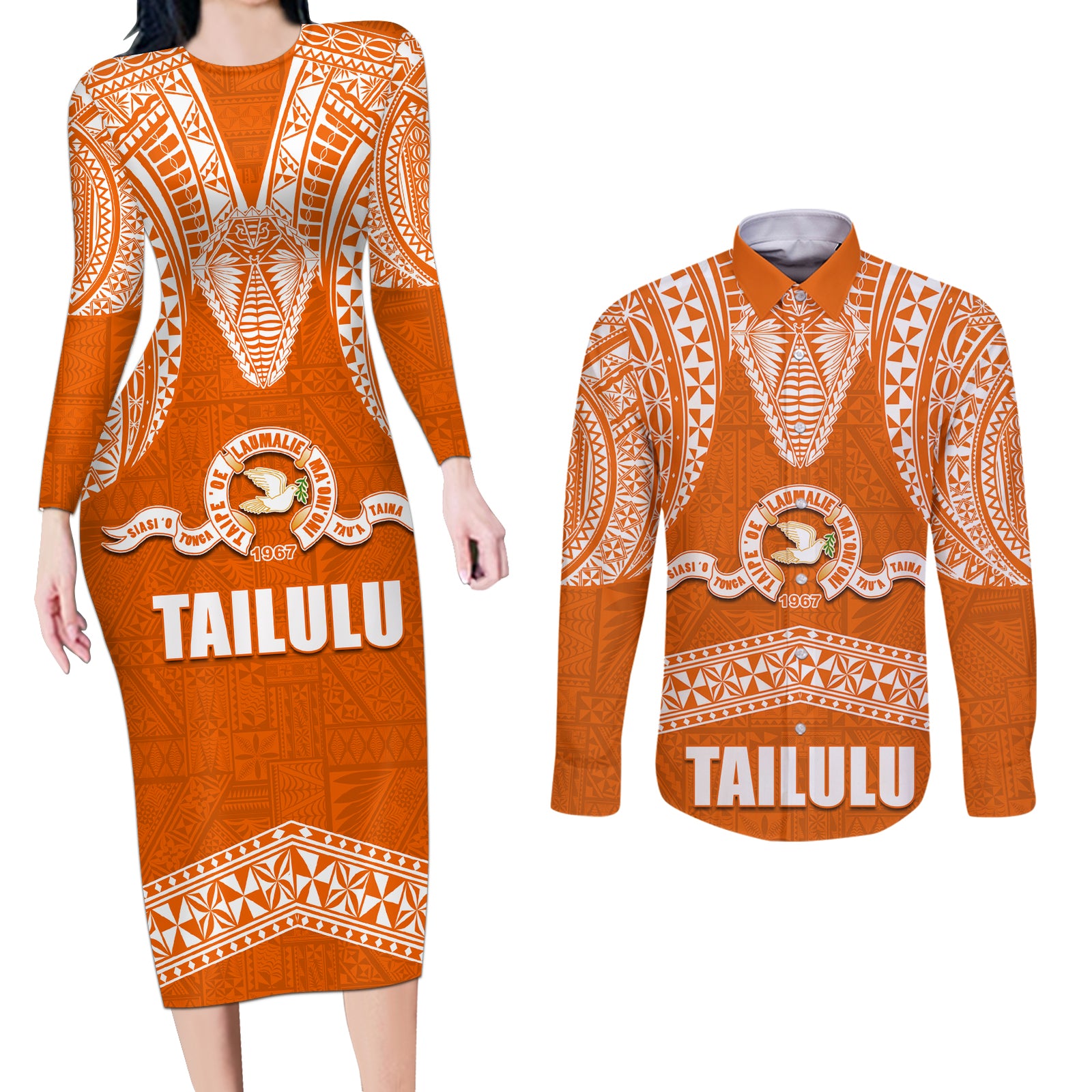 Tonga Tailulu College Couples Matching Long Sleeve Bodycon Dress and Long Sleeve Button Shirt Traditional Ngatu and Polynesian Pattern LT03 Orange - Polynesian Pride