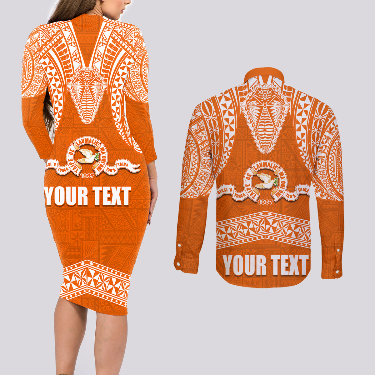 Tonga Tailulu College Couples Matching Long Sleeve Bodycon Dress and Long Sleeve Button Shirt Traditional Ngatu and Polynesian Pattern LT03 - Polynesian Pride