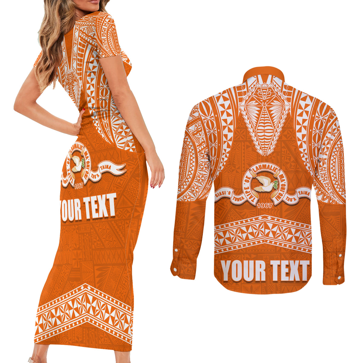 Tonga Tailulu College Couples Matching Short Sleeve Bodycon Dress and Long Sleeve Button Shirt Traditional Ngatu and Polynesian Pattern LT03 - Polynesian Pride