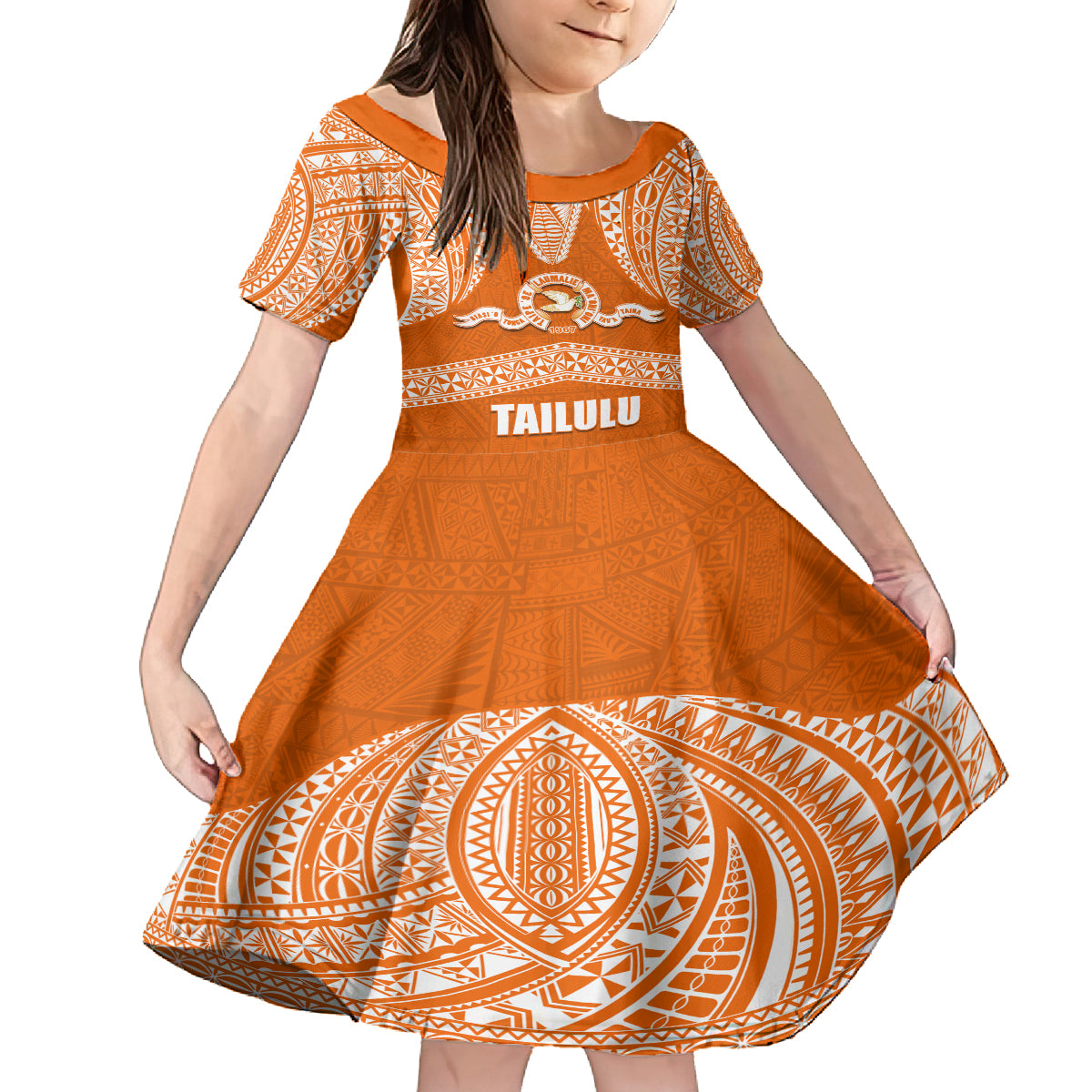 Tonga Tailulu College Family Matching Long Sleeve Bodycon Dress and Hawaiian Shirt Traditional Ngatu and Polynesian Pattern LT03 Daughter's Dress Orange - Polynesian Pride