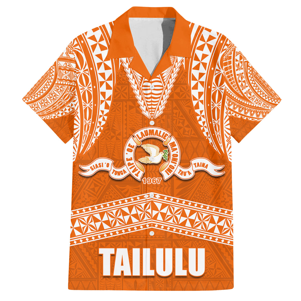 Tonga Tailulu College Family Matching Off Shoulder Long Sleeve Dress and Hawaiian Shirt Traditional Ngatu and Polynesian Pattern LT03 Dad's Shirt - Short Sleeve Orange - Polynesian Pride