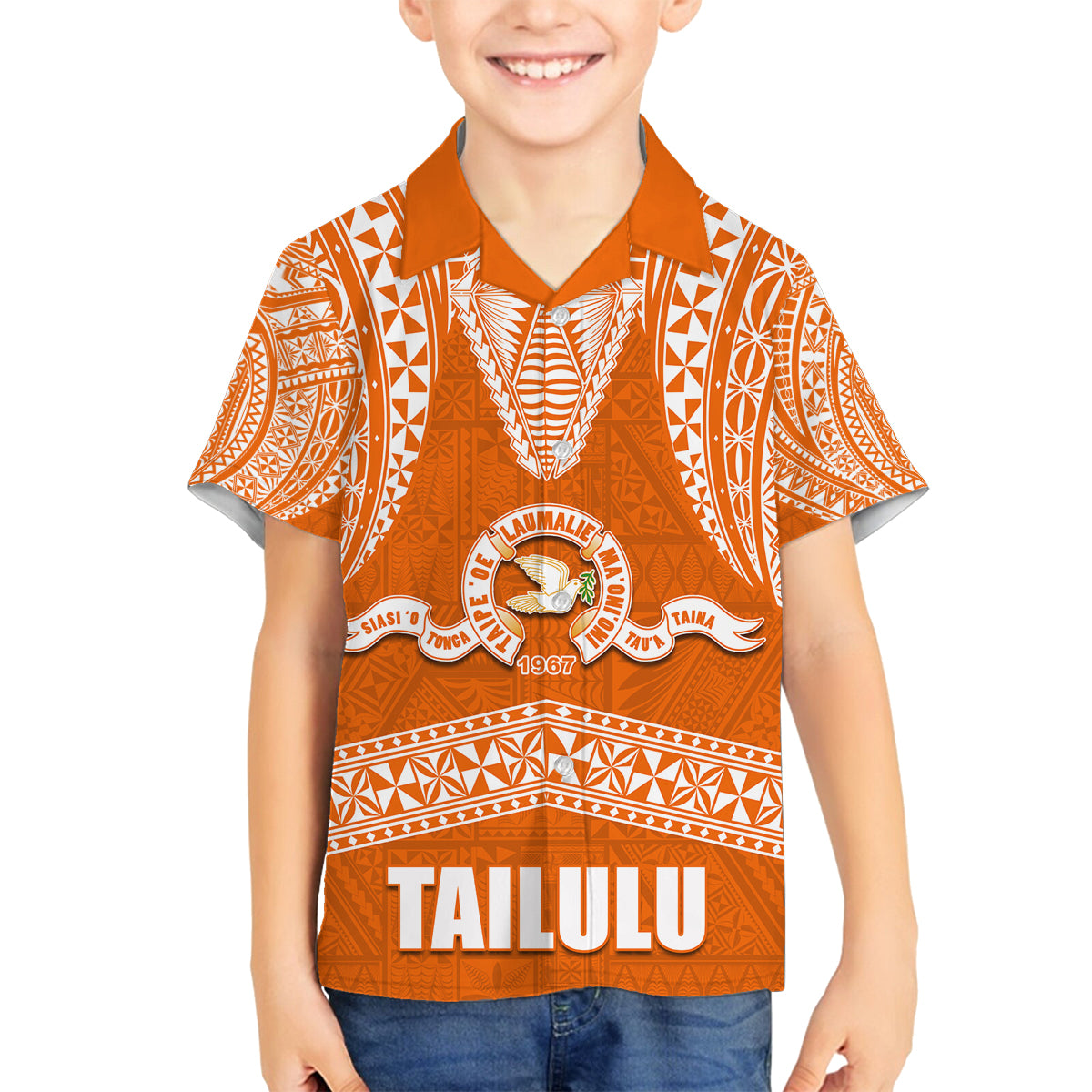 Tonga Tailulu College Family Matching Off Shoulder Maxi Dress and Hawaiian Shirt Traditional Ngatu and Polynesian Pattern LT03 Son's Shirt Orange - Polynesian Pride