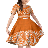 Tonga Tailulu College Family Matching Puletasi Dress and Hawaiian Shirt Traditional Ngatu and Polynesian Pattern LT03 Daughter's Dress Orange - Polynesian Pride