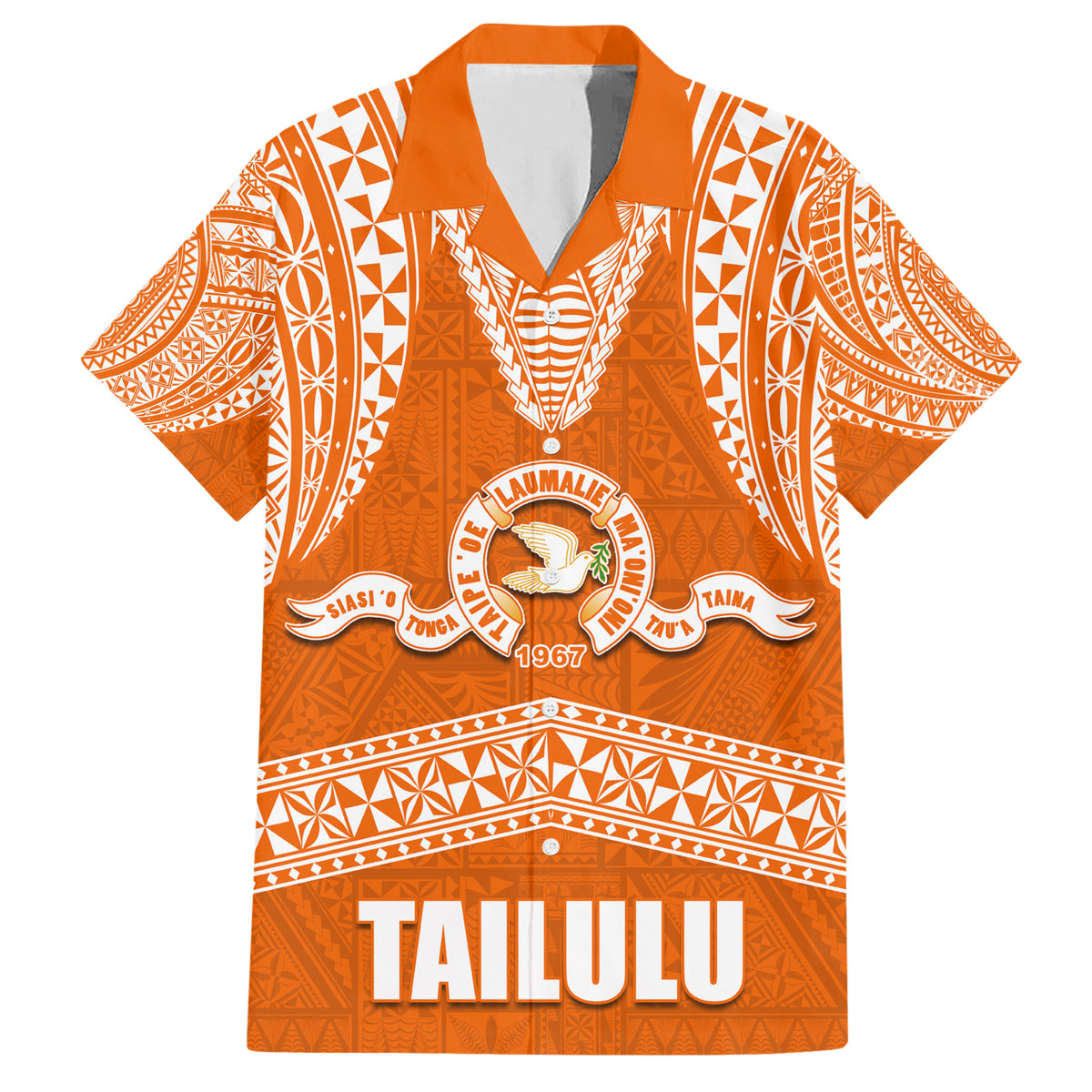 Tonga Tailulu College Family Matching Short Sleeve Bodycon Dress and Hawaiian Shirt Traditional Ngatu and Polynesian Pattern LT03 Dad's Shirt - Short Sleeve Orange - Polynesian Pride
